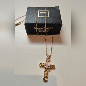 Goldtone Porcelain Rose Cross Necklace